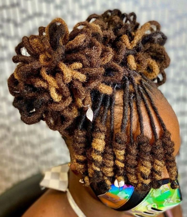 Honey loc curls set in a full crown style